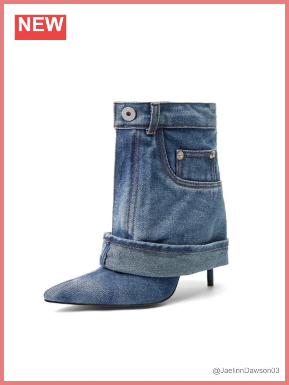 Fold Over Ankle Denim Booties Pointed Toe Stiletto High Heel Boots Mid-Calf